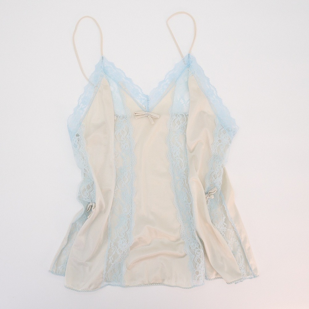 Unknown Brand Ivory & Baby Blue Camisole Floral Lace Panels Bow Details